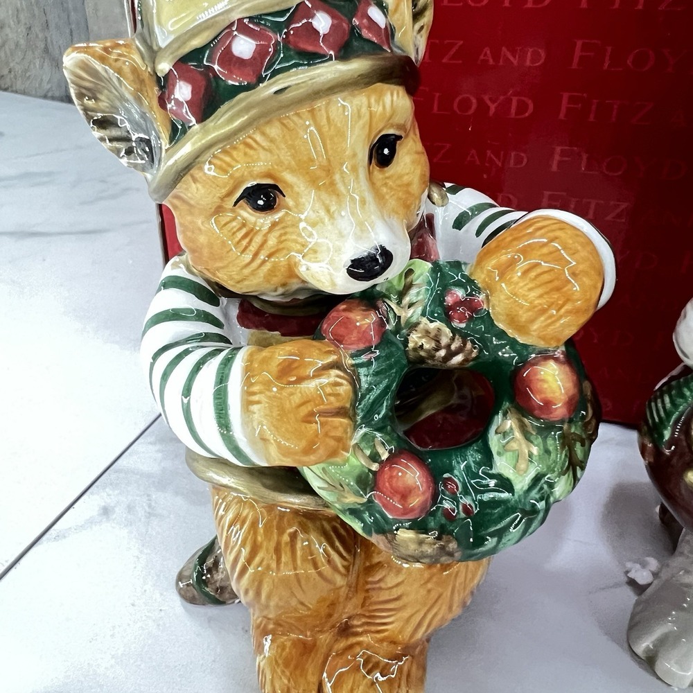 Vtg Fitz & Floyd Salt Pepper Shaker Christmas Lodge Bear Bunny Large 2001 W/ Box - Picture 6 of 10